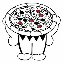 Cute cartoon monster holding a delicious pizza overhead