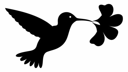 Silhouette of a hummingbird in flight carrying a flower with four petals in its beak on white background