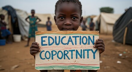 Hopeful child in refugee camp holds handmade sign demanding education and opportunity for a brighter future