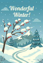 Wonderful Winter. A delicate winter landscape with a snow-covered tree, fir trees, and mountains in the background. A calm, cozy vector illustration for Christmas backgrounds, cards, winter designs