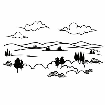 Hand drawn landscape with rolling hills trees and clouds