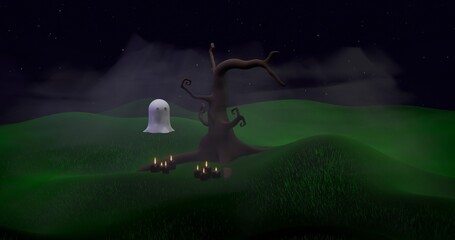 Noite de Halloween com fantasma, árvore retorcida e velas na neblina – render 3D © Mirella