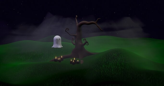 Noite de Halloween com fantasma, &aacute;rvore retorcida e velas na neblina &ndash; render 3D