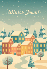 Winter Town. A delicate winter town with snow-covered houses and fir trees. Mint-blue tones, snow, and a cozy atmosphere. Vector festive illustration for cards, posters, and winter designs