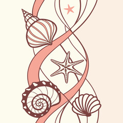 Seamless pattern with seashells and starfish in pink and brown tones