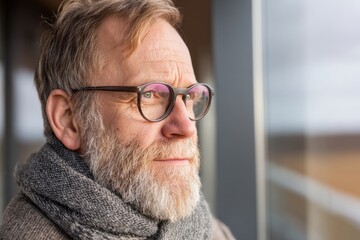 A thoughtful older man with glasses and a scarf gazes out a window, suggesting contemplation and introspection.