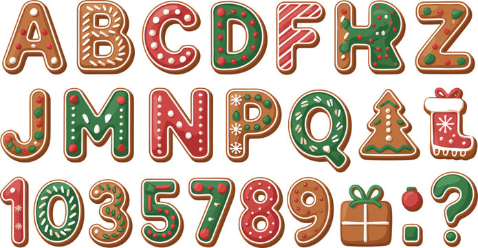 Gingerbread cookie alphabet and numbers with icing decorations, festive symbols, tree, stocking, gift, and holiday style
