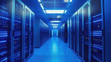 Futuristic blue-lit data center corridor with rows of server racks, ideal for illustrating cloud infrastructure, AI processing, cybersecurity, and advanced IT technology concepts