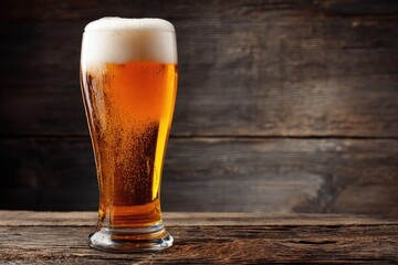 Tall glass of golden beer with frothy foam on a rustic wooden table, ideal for illustrating Oktoberfest, brewery advertisements, and beverage branding concepts