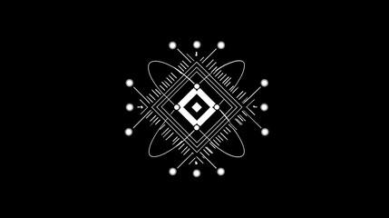 Geometric abstract design with symmetrical diamond grid and orbiting circular elements on dark background

