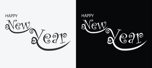 Happy New year 2026 typography vector design with stylish curly letters. Elegant black and white composition for festive posters, greeting cards, and holiday celebration layouts. Vector illustration.