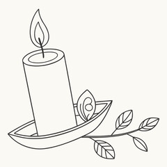 Simple line art of a burning candle with leaves and a holder