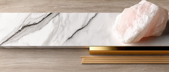 A stylish arrangement featuring a marble slab, pink rock crystal, and golden accents on a textured wooden background.