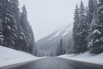 Winterstra&szlig;e in den Bergen &ndash; Schneebedeckte Stra&szlig;e durch verschneite Tannenw&auml;lder