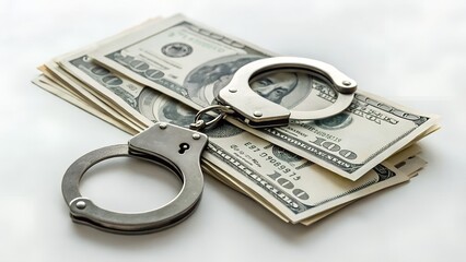 Silver Handcuffs Resting on Pile of Hundred Dollar Bills on White Surface in Overhead Shot