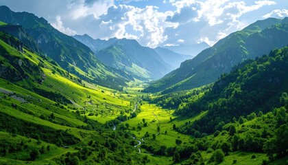 Green Mountain Valley Landscape with Rolling Hills and Dramatic Sunlight Under a Partly Cloudy Blue Sky Scenic View with Lush Vegetation and Atmospheric Perspective