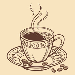 Steaming cup of coffee with beans and decorative saucer