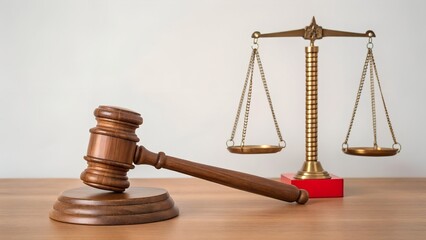 Wooden Gavel and Brass Scales of Justice on a Wooden Desk Against White Wall