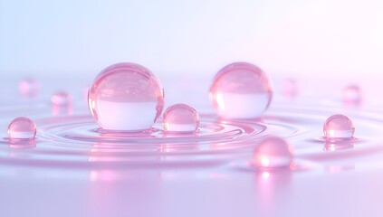 Abstract 3D render of glossy pink oil drops floating in liquid suspension, with soft reflections and smooth transparency against a light pastel background.