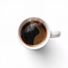 Hot cup of coffee in white ceramic mug isolated on pure white background