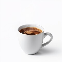 Hot cup of coffee in white ceramic mug isolated on pure white background