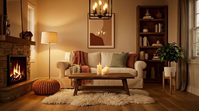 Interior design and home renovation concept. Animation of modern furniture appearing in an empty living room. Furnishing and decoration process video footage.