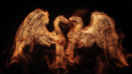 Fiery angel silhouette fire creativity background glowing wings in motion forming heart shape with dramatic light and smoke emotional
