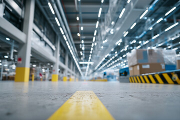 interior of high-tech warehouse with glowing digital interfaces and autonomous sorting robots, modern logistics concept, 