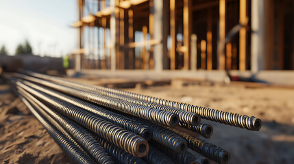 Steel Rebar on Construction Site: Reinforcing the Future. Essential building material for structural integrity. Close-up focus emphasizes texture and strength.