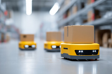 autonomous mobile robots transporting boxes through smart warehouse aisles, futuristic logistics environment, 