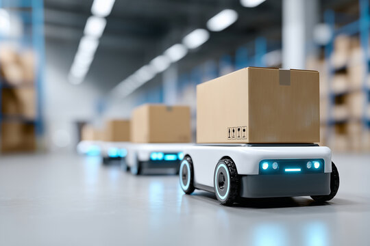 autonomous mobile robots transporting boxes through smart warehouse aisles, futuristic logistics environment, 