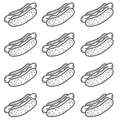Hotdog seamless pattern. Hotdog doodle hand drawn. Outline hand drawing hot dog clipart symbol, Illustration of hotdog for coloring page of kids books.