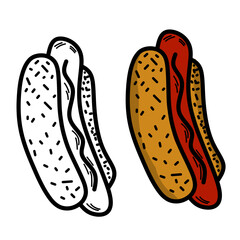 Hotdog seamless pattern. Hotdog doodle hand drawn. Outline drawing hot dog line clipart symbol, Illustration of hot dog for coloring page of kids books.