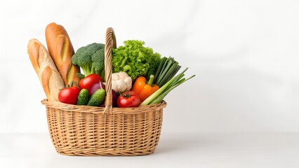 Woven Basket Overflowing with Colorful Fresh Vegetables and Bread on White Background