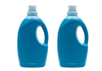 Pair of Blue Plastic Bottles for Laundry Detergent or Household Cleaning Solution isolated on transparent background