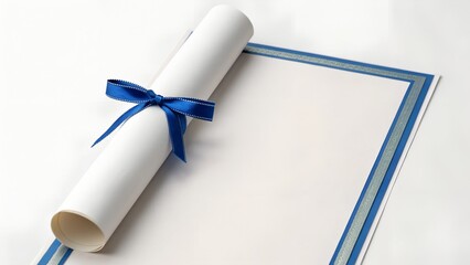 Elegant Diploma with Blue Ribbon on White Paper Document Against Plain Backdrop
