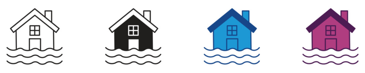 Flooded house icon set. river flood disaster vector symbol. Vector illustration.