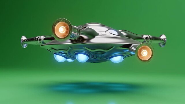 Alien spaceship with orange exhaust ports and blue undercarriage lights