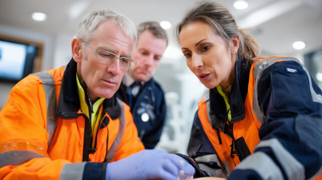 Professional photograph of basic life support training with defibrillator demonstration