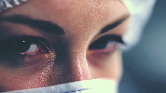 Close-up shot of a healthcare professional's determined eyes, face partially covered