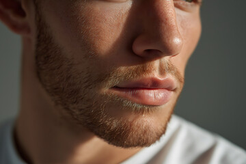 Obraz premium Eczema close up skin: Close up portrait of man showing his skin condition. He appears hopeful about recovery process of his skin