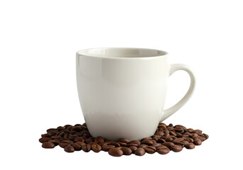 White Ceramic Coffee Mug Resting on Roasted Beans Against a Pure Background isolated on transparent background