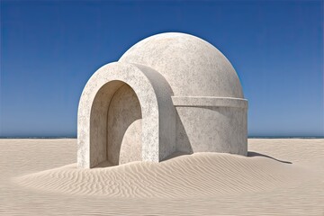 Desert dome structure with arched entrance under blue sky
