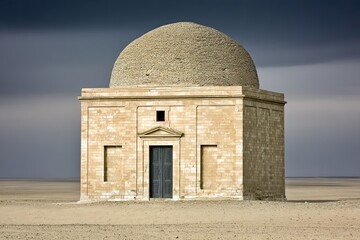 Stone dome structure stands in a desolate, sandy landscape