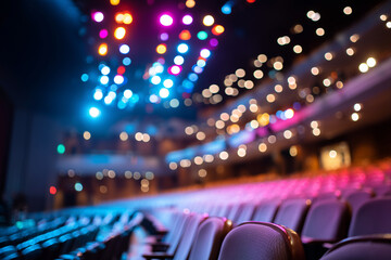 Close up, Blurred auditorium with colorful lights for online seminar background