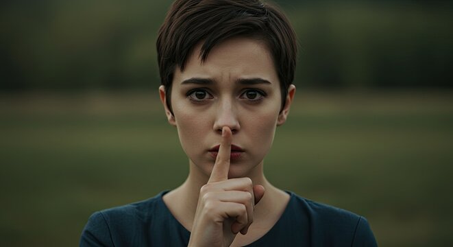 Young woman with intense gaze holds finger to lips urging silence, conveying secrecy and mystery in a blurred natural background