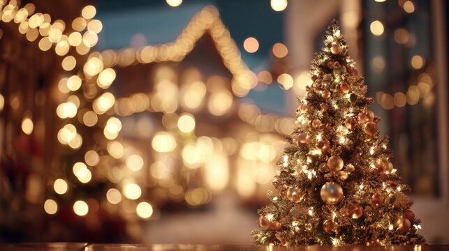 Fototapeta Christmas tree with lights on a street at night with the streets in the background with out-of-focus Christmas lights