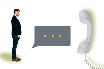 3D photo collage template trend artwork composite of mind communication network conversation bubble landline phone talk young guy stand