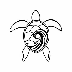 Stylized black and white turtle with ocean wave design inside shell
