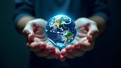 Hands Holding a Holographic Earth